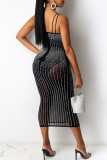 Black Fashion Sexy Hot Drilling Robe transparente à bretelles spaghetti