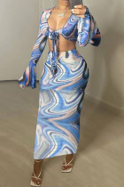 Moda azul estampado sexy vendaje cuello en V manga larga dos piezas