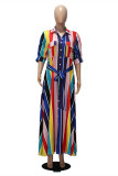 Multicolor mode randigt tryck Frenulum turndown krage lång klänning