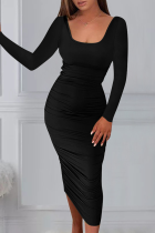 Vestidos de falda lápiz de cuello cuadrado con abertura sólida sexy negra