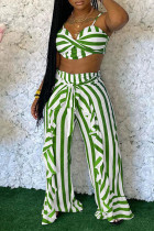Green Sexy Casual Striped Print Bandage Backless Spaghetti Strap Sans Manches Deux Pièces