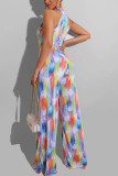 Farbe: Eleganter, bedruckter Patchwork-Frenulum-Jumpsuit mit O-Ausschnitt und geradem Schnitt