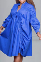 Vestidos casuais azuis de retalhos sólidos com gola aberta e saia de bolo
