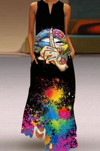 Schwarzes, lässig bedrucktes Patchwork-Kleid mit V-Ausschnitt