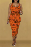 Vestido laranja fashion sexy estampado básico com decote em U sem mangas