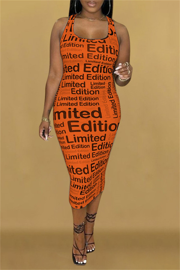 Orange Fashion Sexy Print Basic U-Ausschnitt ärmelloses Kleid