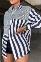 Vestidos pretos casuais listrados patchwork camisa com gola redonda