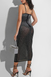 Vestido de tirante de espagueti transparente con perforación en caliente sexy de moda negra