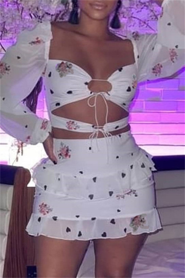Bianco moda sexy stampa fasciatura colletto quadrato senza schienale manica lunga due pezzi