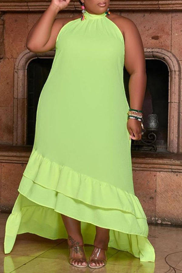 Light Green Sweet Solid Patchwork Asymmetrical Halter A Line Plus Size Dresses