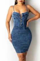 Глубокое синее модное сексуальное однотонное джинсовое платье на тонких бретелях с открытой спиной