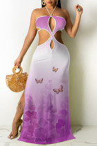 Фиолетовое сексуальное постепенное изменение с принтом бабочки, выдолбленное длинное платье с открытой спиной и разрезом на шее