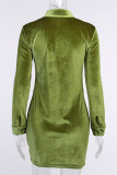 グリーン ファッション カジュアル ベーシック ターンダウン カラー ロング スリーブ ドレス