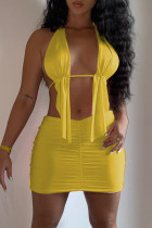Yellow Sexy Patchwork Solid Backless Asymmetrical Sleeveless Two Pieces