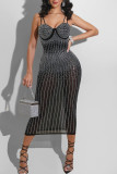 Schwarze Mode Sexy Hot Drilling Durchsichtiges Spaghetti-Träger-Sling-Kleid