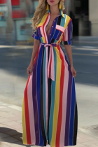 Multicolor mode randigt tryck Frenulum turndown krage lång klänning