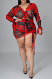 Red Casual Patchwork V Neck Plus Size Two Pieces