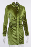 Зеленые модные повседневные базовые платья с отложным воротником и длинными рукавами