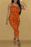 Vestido laranja fashion sexy estampado básico com decote em U sem mangas