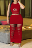 Tangerine Red Sexy Solid Ripped O Neck Sleeveless Two Pieces