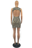 Multicolor Fashion Sexy Print Leopard Backless O Neck Sleeveless Dress Kleider