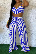 Blue Sexy Casual Striped Print Bandage Backless Spaghetti Strap Sans Manches Deux Pièces