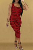 Rode mode sexy print basic U-hals mouwloze jurk