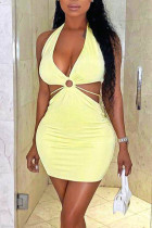 Light Yellow Sexy Solid Hollowed Out Patchwork Frenulum Halter Pencil Skirt Dresses