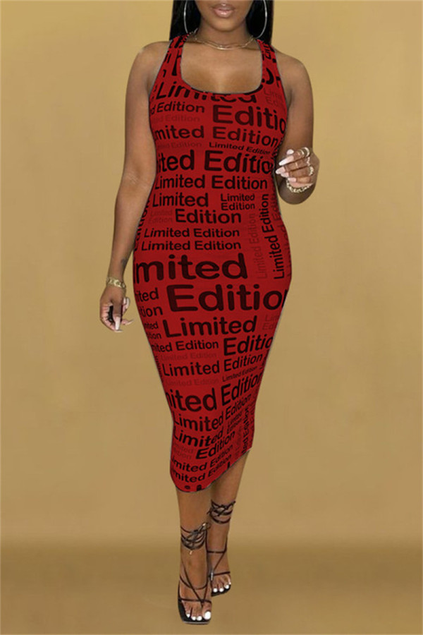 Röd mode sexigt tryck Basic U-hals ärmlös klänning