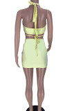 ライト イエロー セクシー ソリッド くり抜き パッチワーク 小帯 ホルター ペンシル スカート ドレス