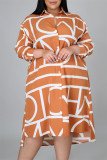 Vestido camisero con cuello vuelto básico con estampado de tallas grandes informales de moda naranja