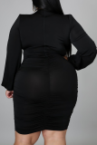 Black Sexy Solid Patchwork V Neck Plus Size Dresses