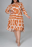 Оранжевое модное повседневное платье-рубашка больших размеров с принтом и отложным воротником
