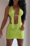 Green Sexy Patchwork Solid Backless Asymmetrical Sleeveless Two Pieces