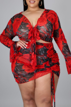 Red Casual Patchwork V Neck Plus Size Two Pieces