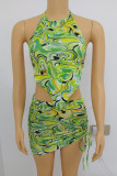 Green Sexy Print Patchwork Draw String Frenulum Backless Halter Sleeveless Two Pieces