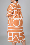 Оранжевое модное повседневное платье-рубашка больших размеров с принтом и отложным воротником
