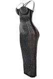 Black Sexy Plus Size Hot Drilling Backless Spaghetti Strap Sleeveless Dress