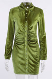 グリーン ファッション カジュアル ベーシック ターンダウン カラー ロング スリーブ ドレス