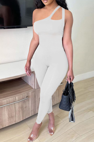 White Sexy Solid Patchwork One Shoulder Skinny Jumpsuits