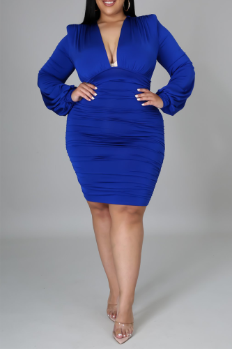Blaue sexy solide Patchwork-Kleider mit V-Ausschnitt in Übergröße