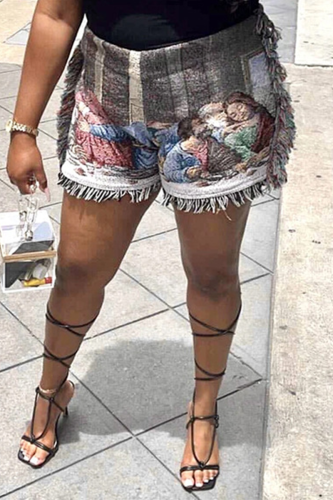 Gris Sexy Print Tassel Skinny High Waist Type A Full Print Bottoms