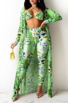 Green Sexy Print Hollowed Out Halter Long Sleeve Three Pieces