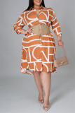 Vestido camisero con cuello vuelto básico con estampado de tallas grandes informales de moda naranja