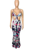 Purple Sexy Print Hollowed Out Patchwork Spaghetti Strap Trumpet Mermaid Dresses