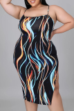 Blue Sexy Patchwork Tie-dye Spaghetti Strap Pencil Skirt Plus Size Dresses