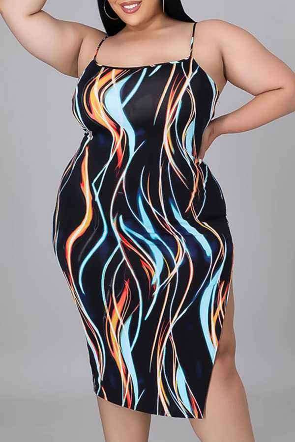 Negro sexy patchwork tie-dye correa de espagueti lápiz falda vestidos de talla grande