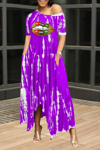 Purple Casual Print Patchwork One Shoulder Irregular Dress Dresses