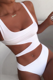 Cream White Sexy Print Hollowed Out Patchwork Swimwears