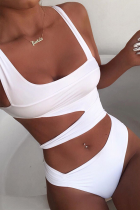 White Sexy Print Hollowed Out Patchwork Swimwears